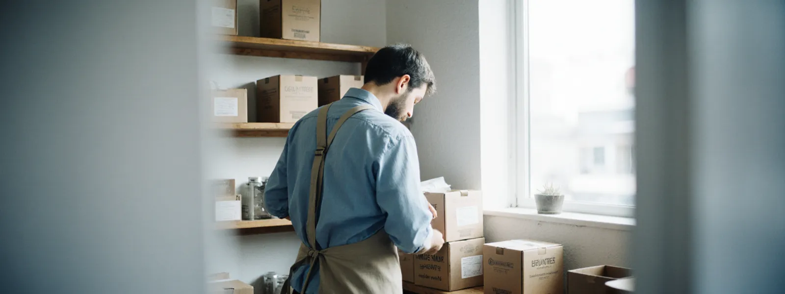 A shopkeeper checking stock against open cartons in the back room of a small store.