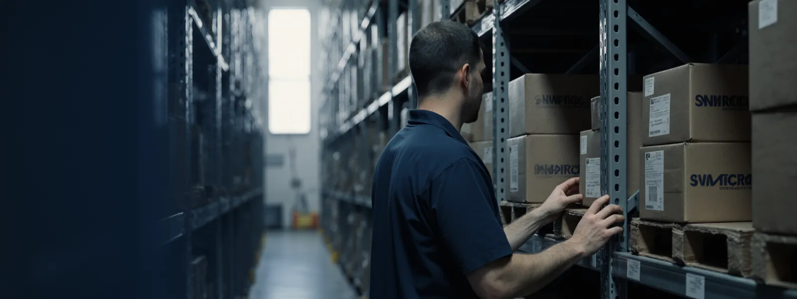 A worker checking boxed stock along a warehouse racking aisle.